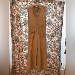 Free people khaki button up sleeveless jumpsuit